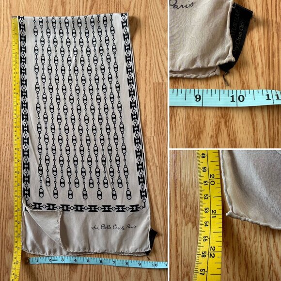 Vintage La Belle Creole Paris Silk Scarf Beige Black Chain Print 42inx10in Glam - Picture 7 of 11